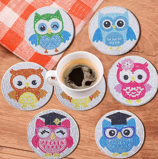 Porta Copos de Pintura com Diamantes - Corujas Coloridas
